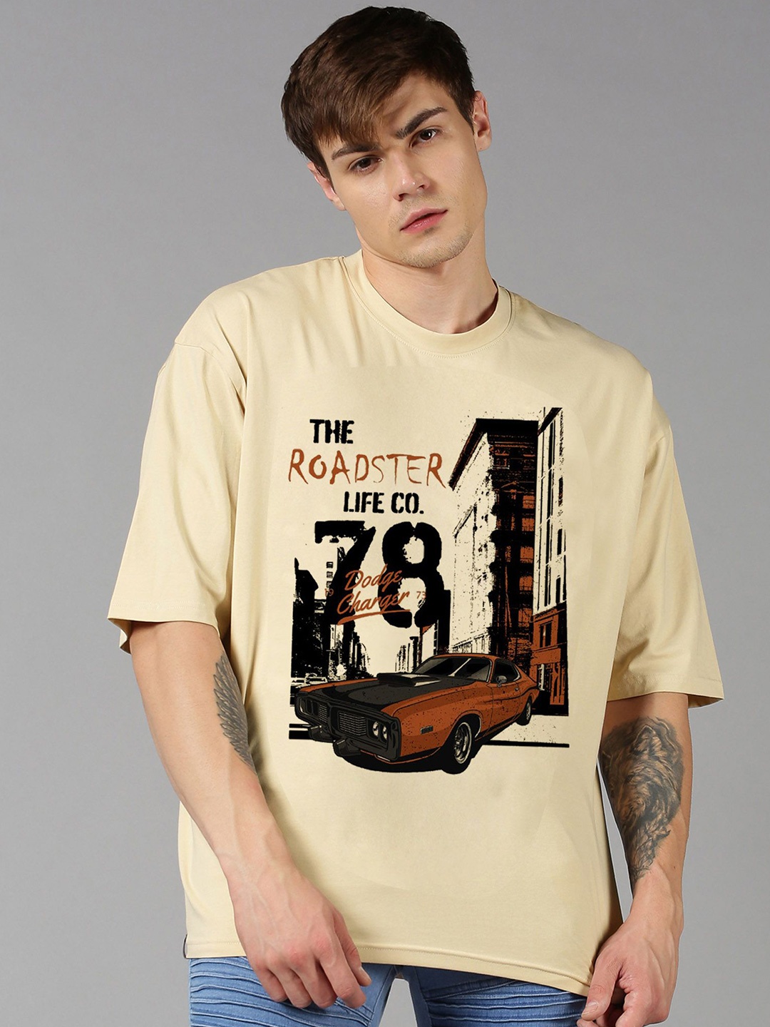 

Roadster Men Graphic Printed Round Neck Cotton Oversized T-Shirt, Beige