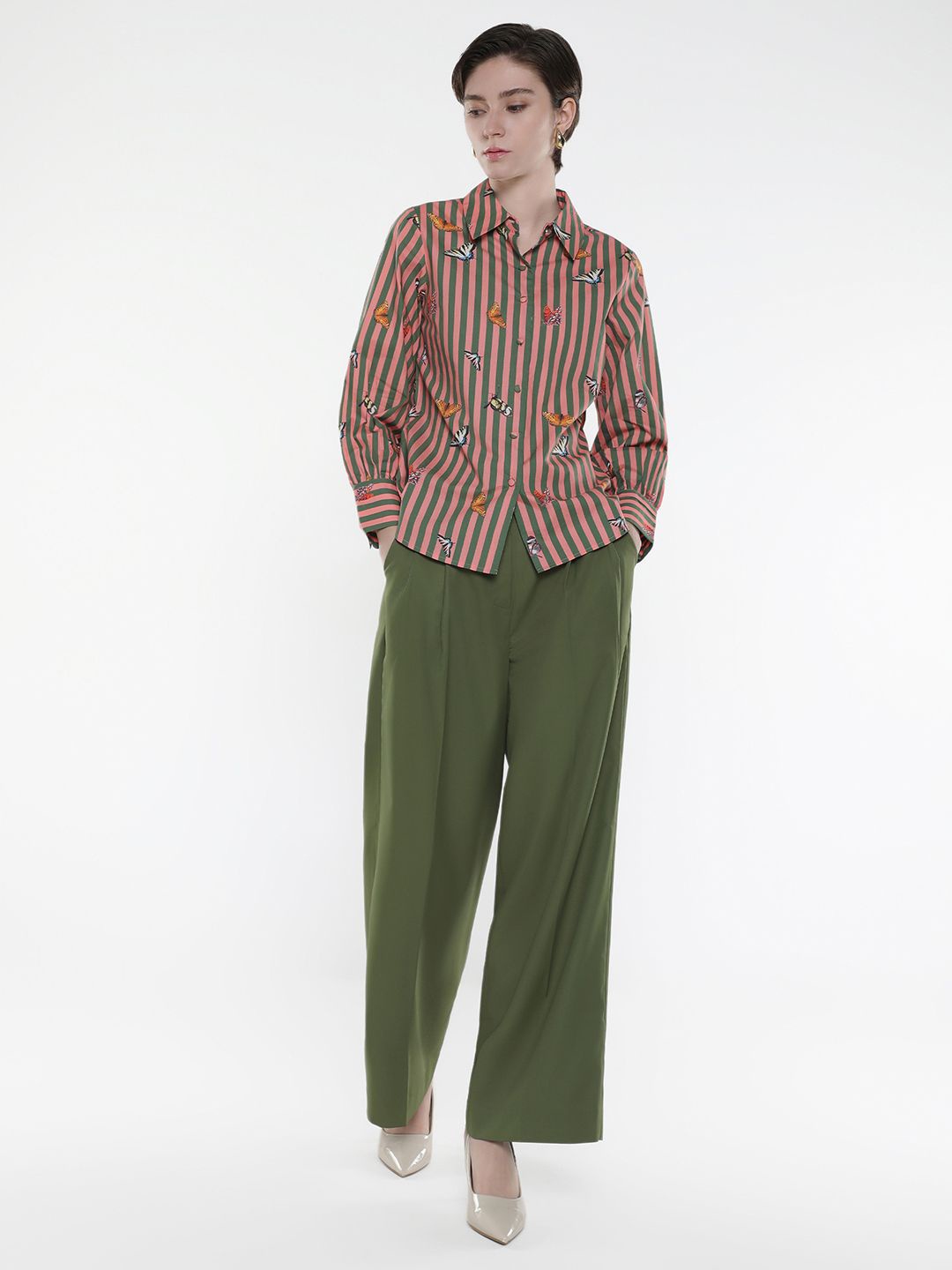

RAREISM Women Tailored Loose Fit High-Rise Wide Leg Trousers, Olive
