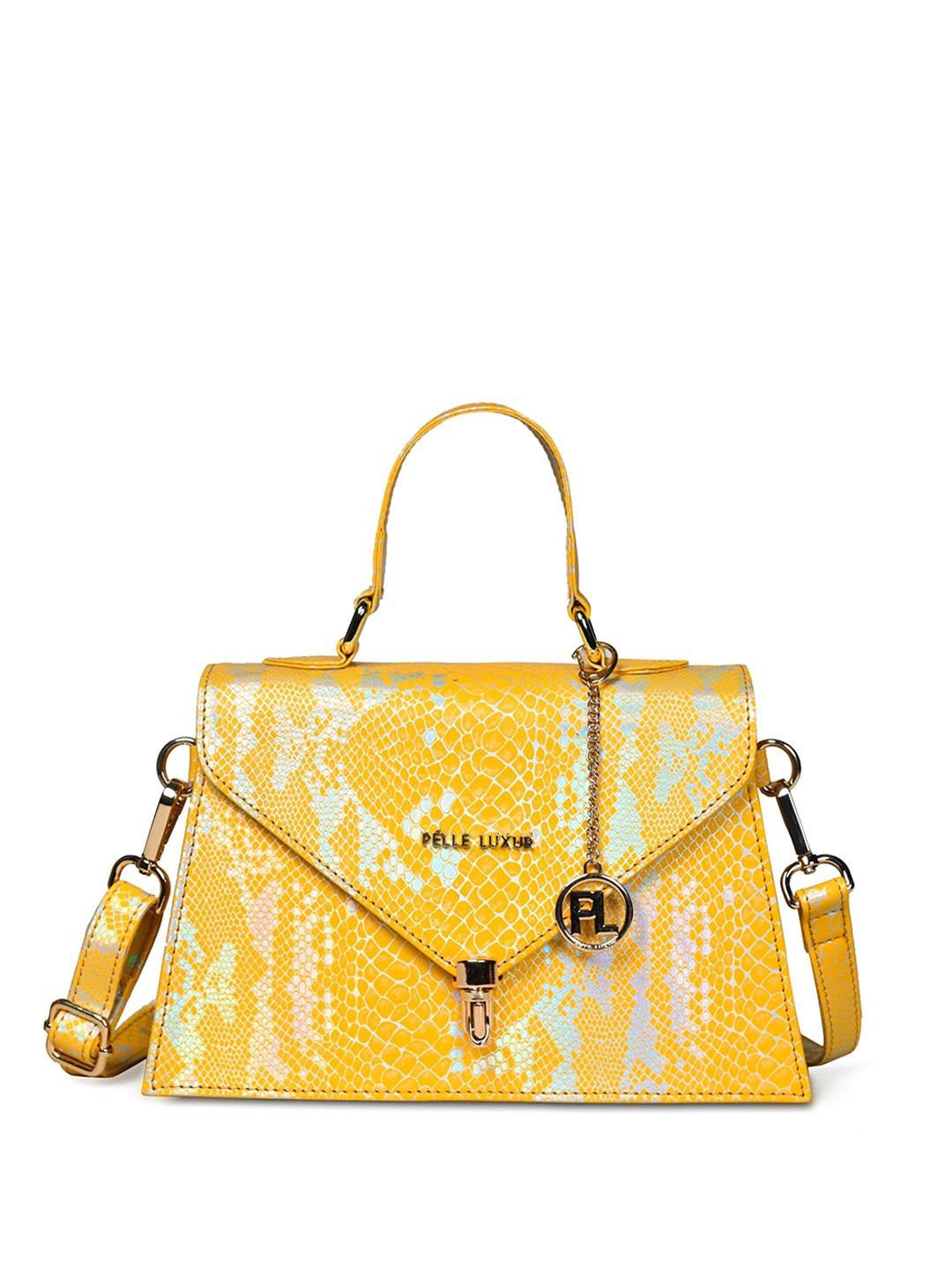 

PELLE LUXUR Textured PU Structured Satchel with Quilted, Yellow