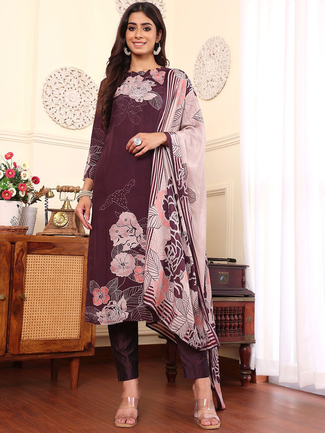 

Varanga Floral Printed Pure Silk Straight Kurta With Trouser & Dupatta, Purple