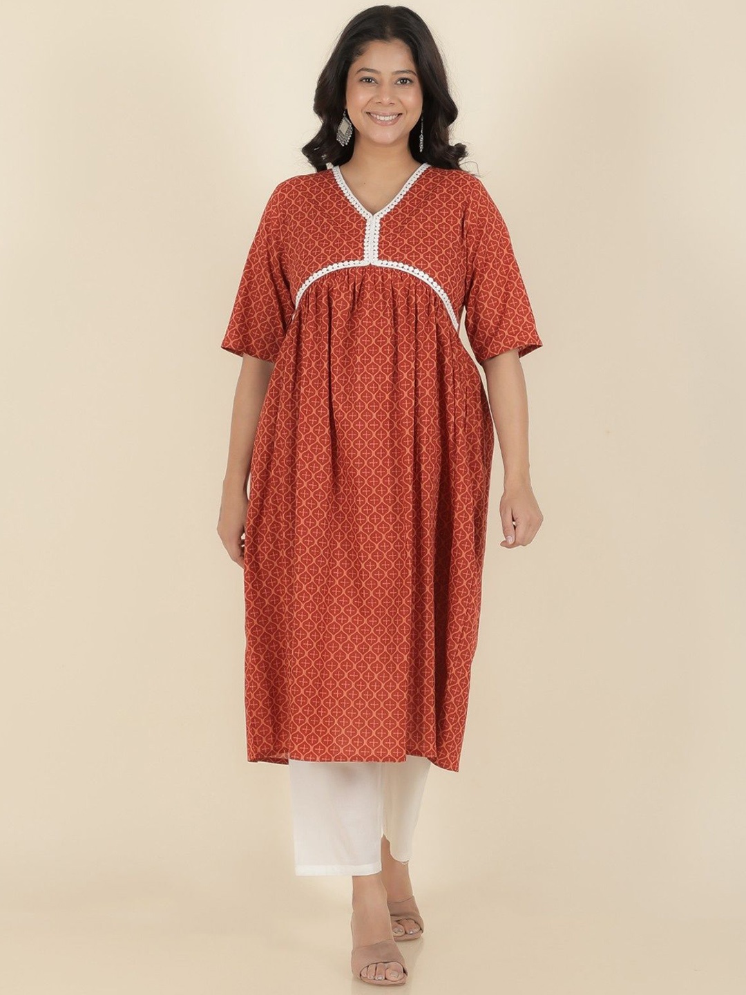 

Aramya Cotton Geometric Anarkali Kurta, Red