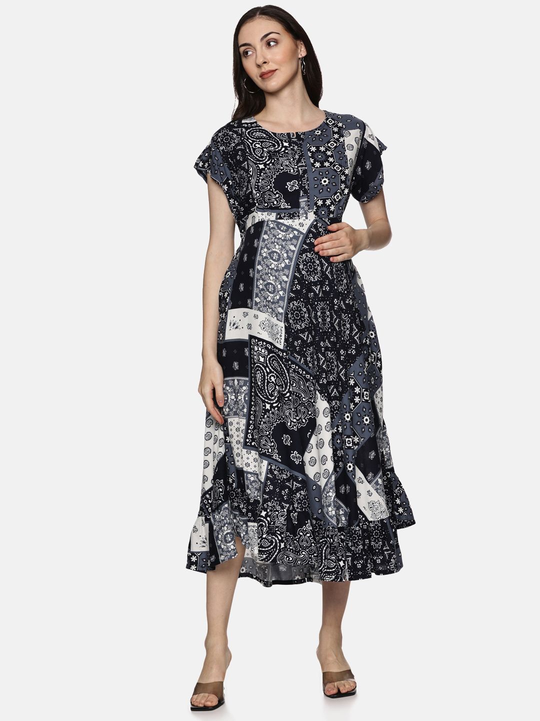 

Nejo Tribal Printed Maternity A-Line Midi Dress, Black