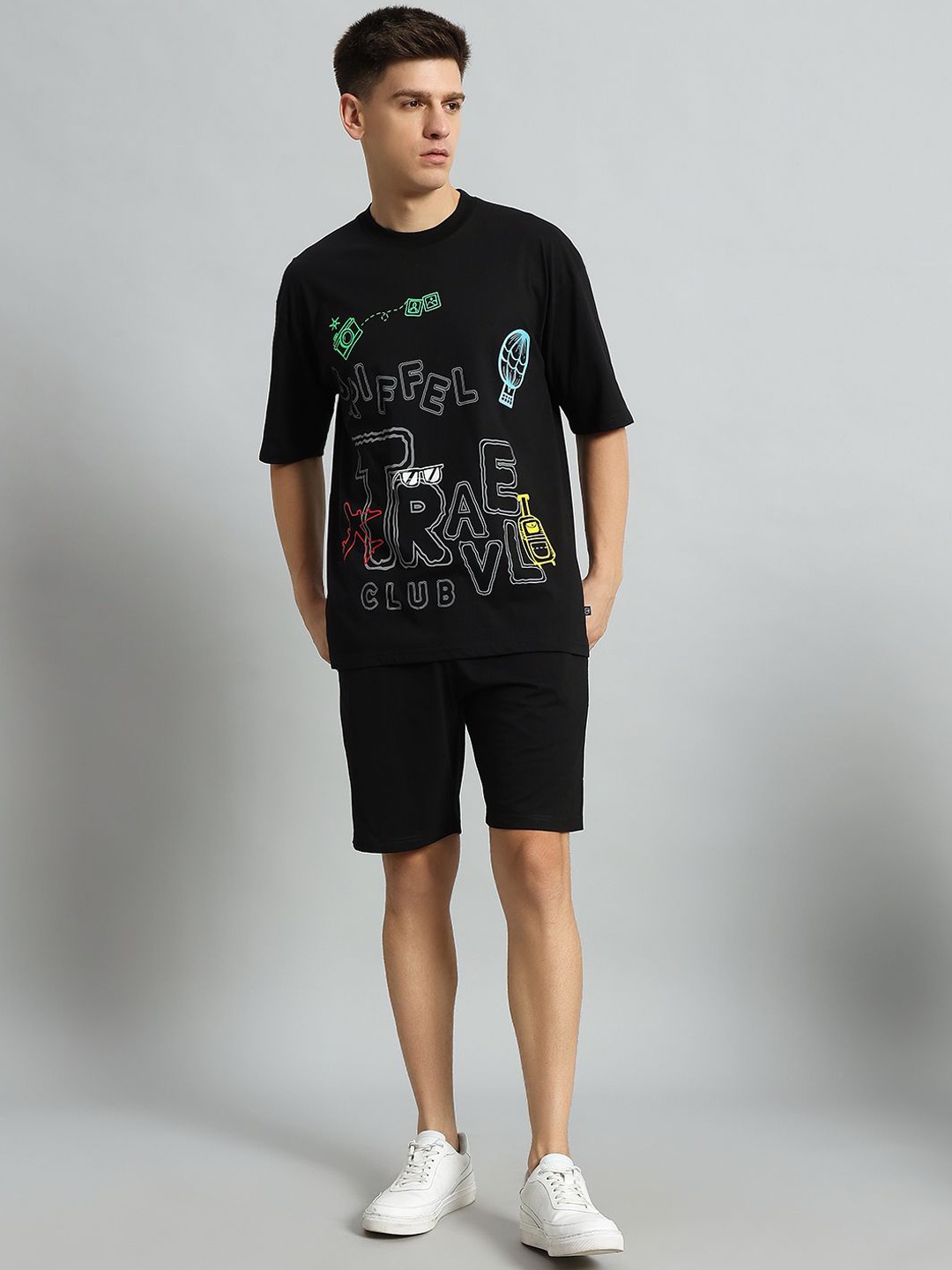 

GRIFFEL Printed Oversized Fit Pure Cotton T-Shirt With Shorts, Black