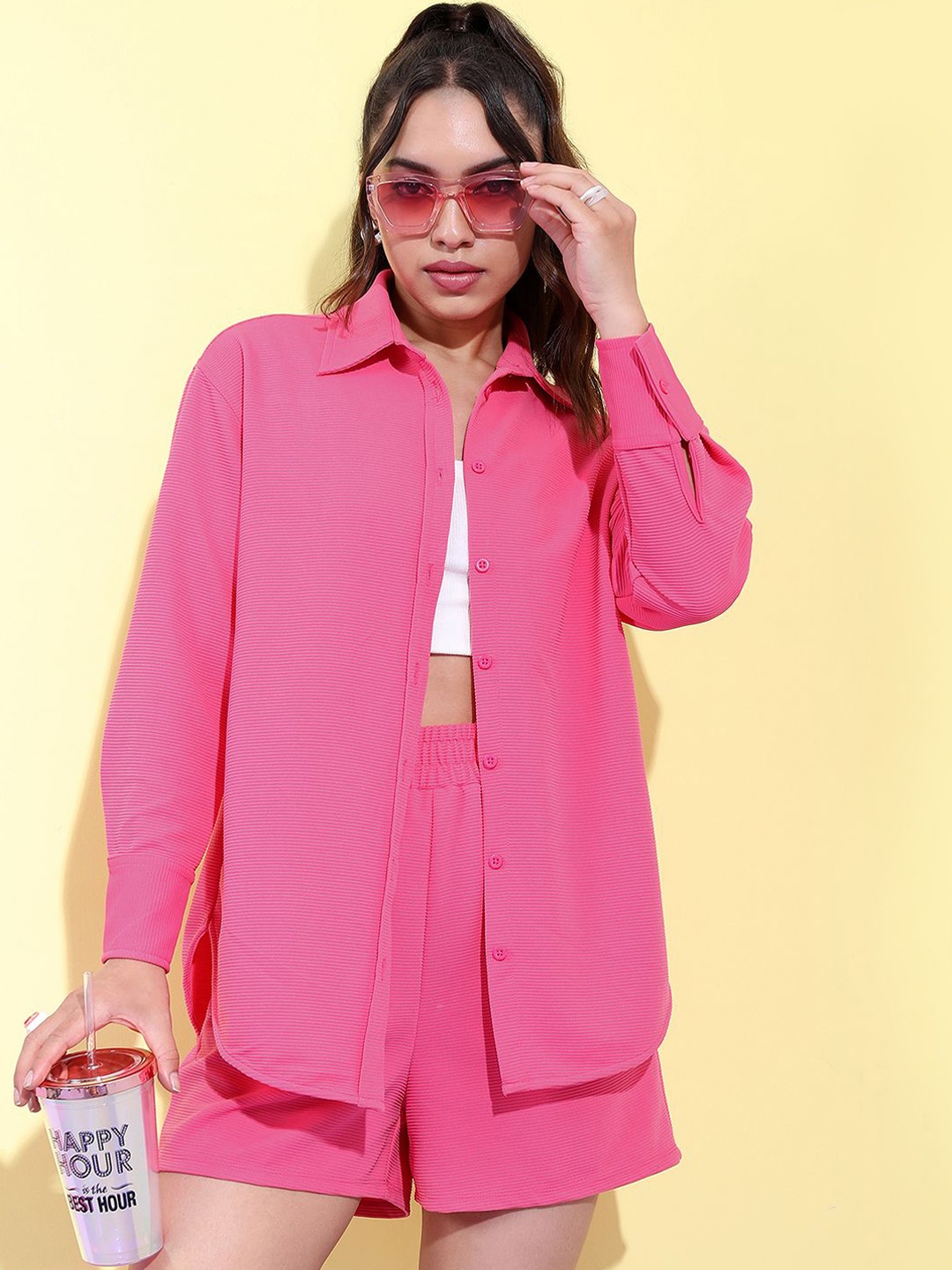 

Tokyo Talkies Fuchsia Long Sleeves Structured Shirt With Short