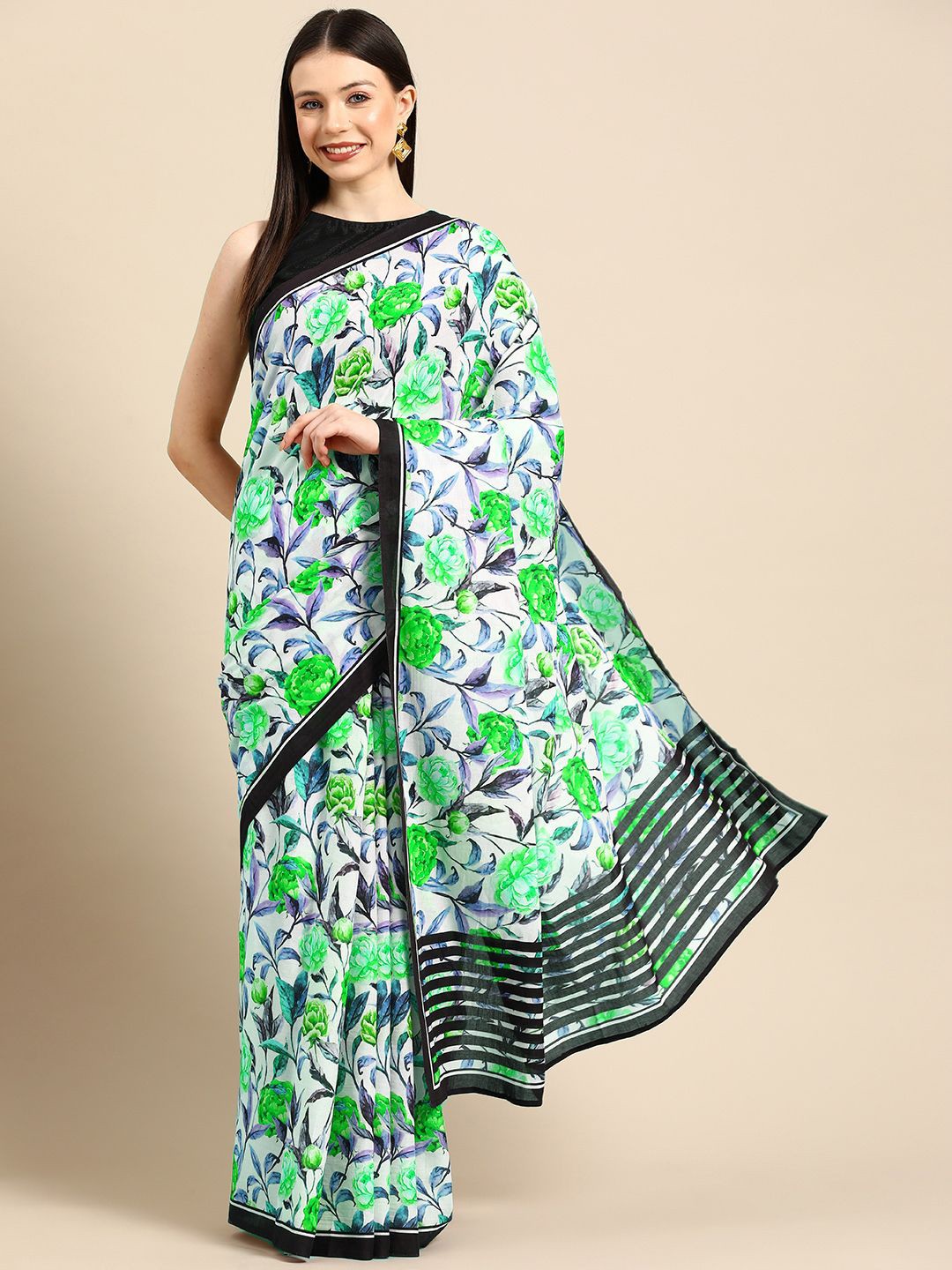 

BUTA BUTI Floral Pure Cotton Saree, Green