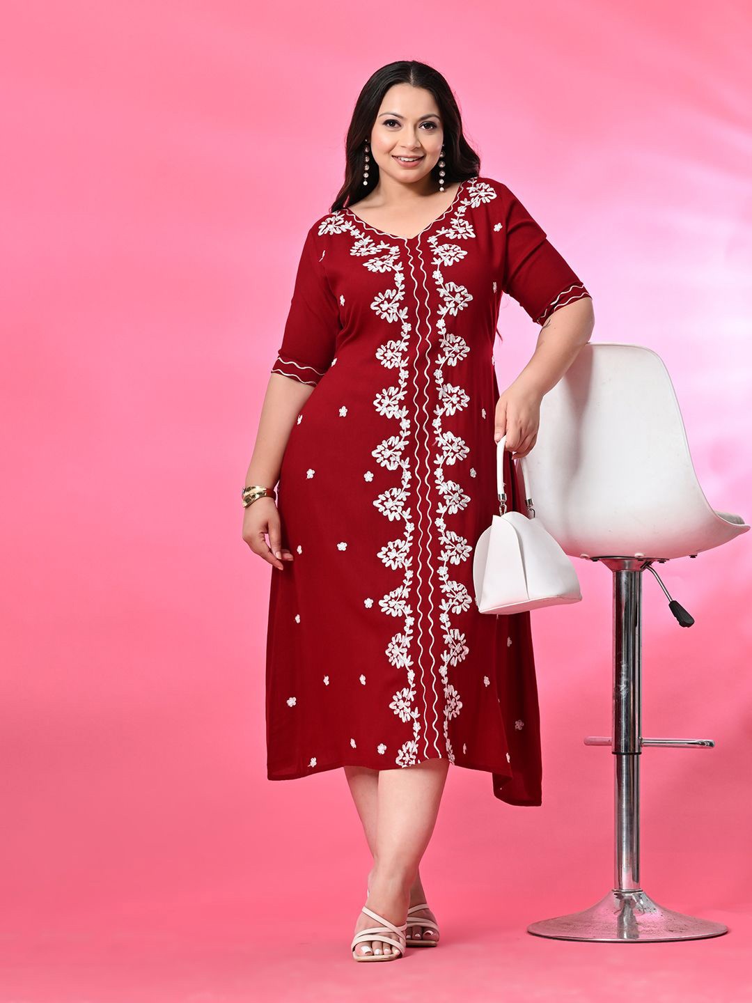 

PrettyPlus by Desinoor.com Plus Size Embroidered A-Line Midi Dress, Maroon
