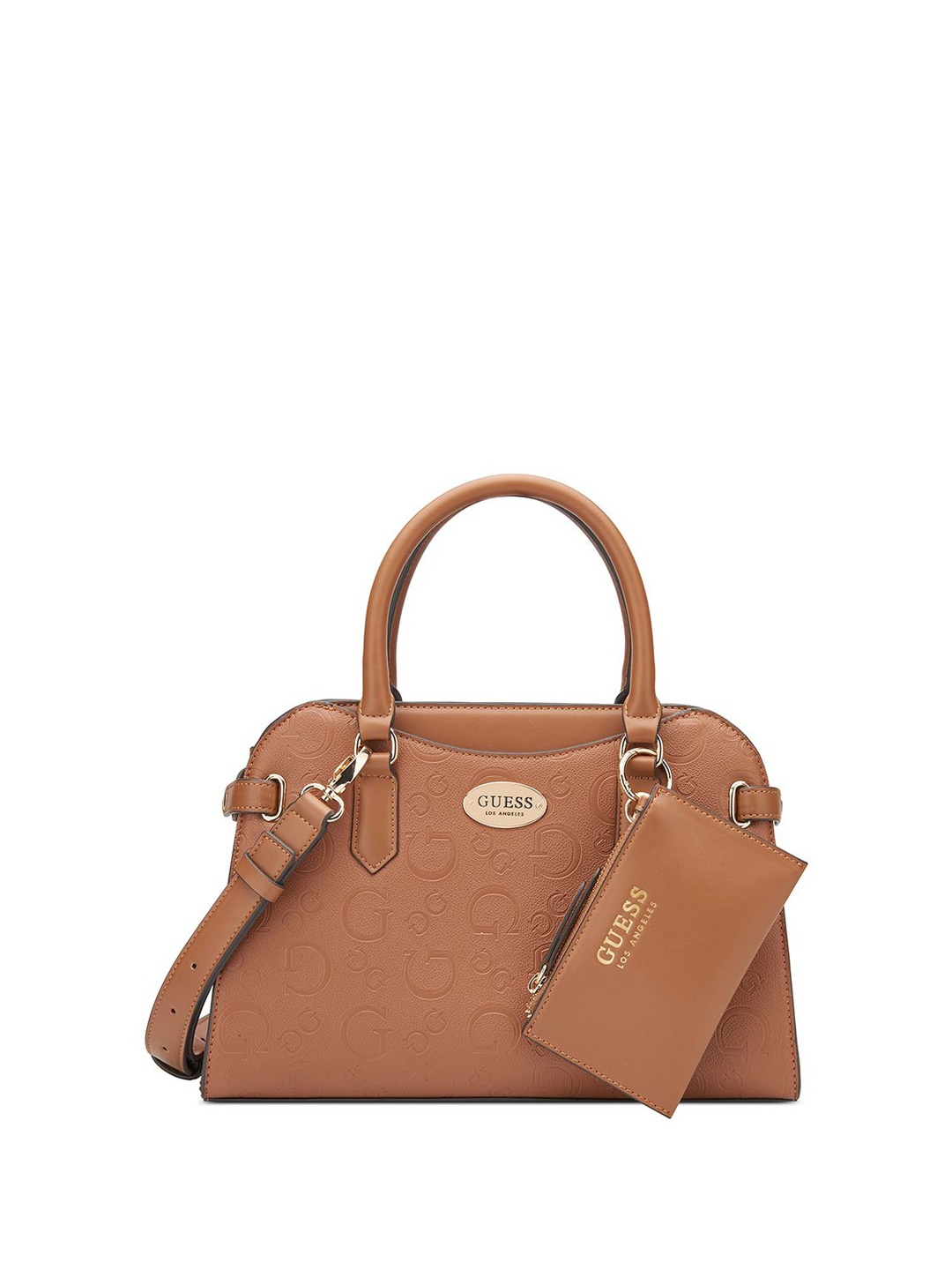 

GUESS Printed PU Half Moon Satchel with Tasselled, Brown