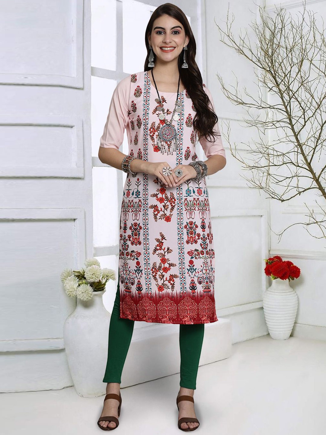 

KALINI Floral Printed Round Neck Three-Quarter Sleeves Straight Kurta, White