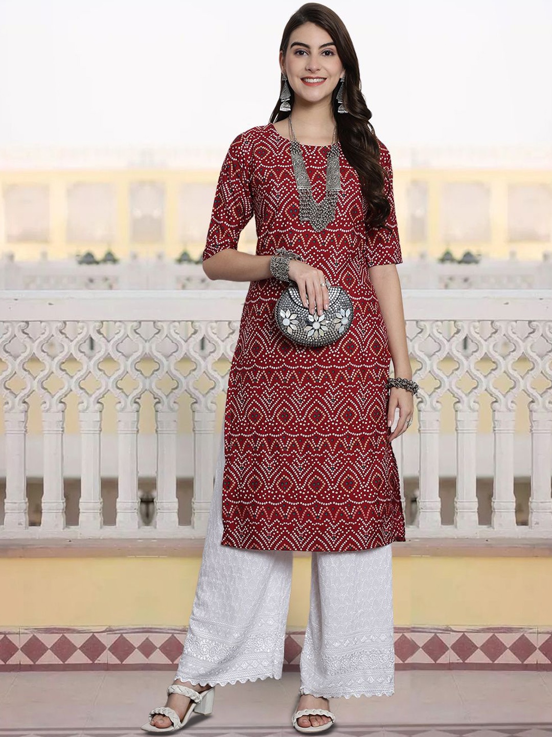 

7Threads Bandhani Digital Printed Round Neck Straight Kurta, Red