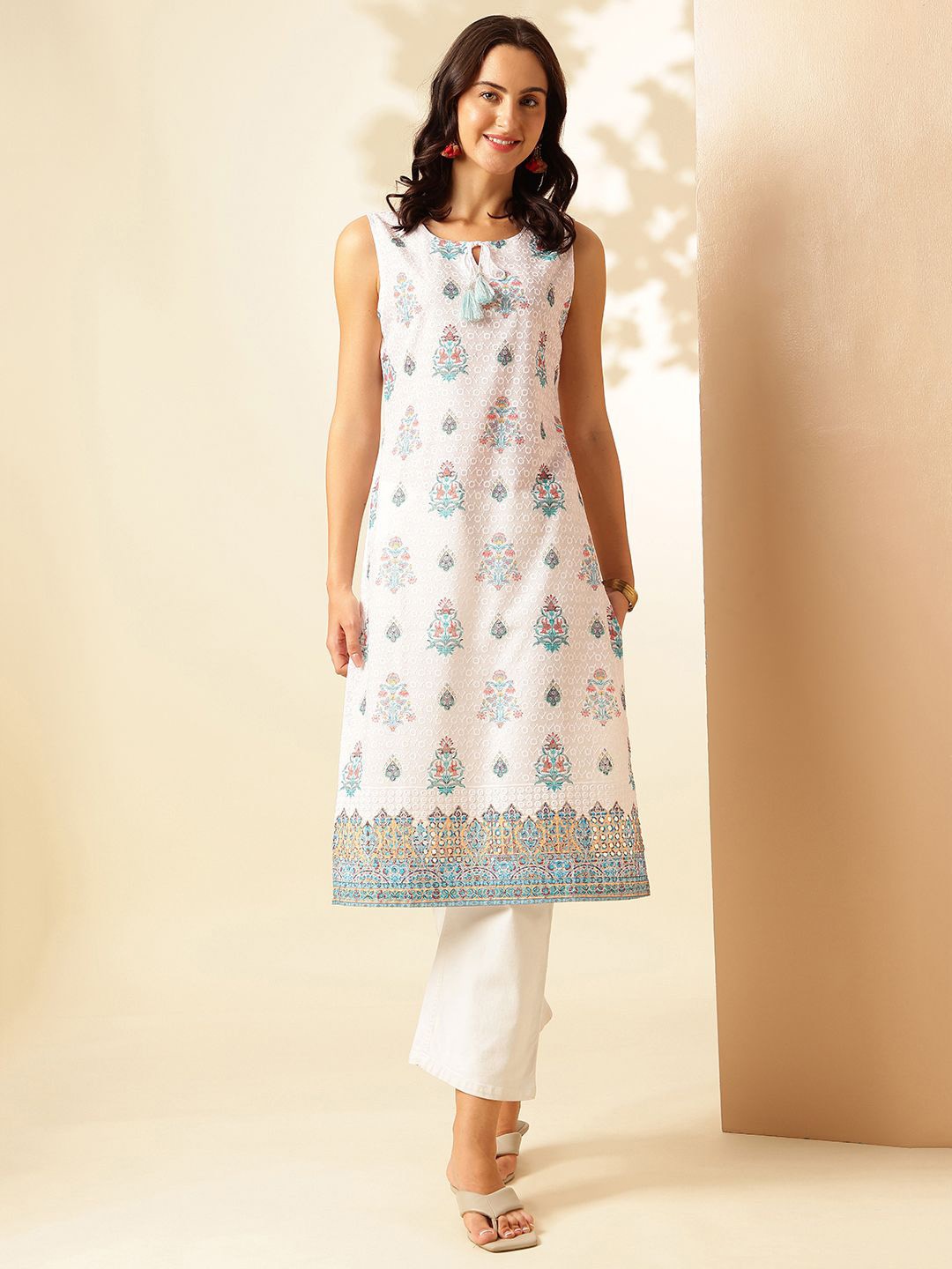 

Anouk Rustic Floral Printed Tie-Up Neck Pure Cotton Straight Kurta, White