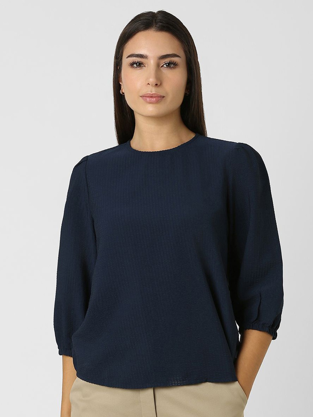 

Van Heusen Women Solid Round Neck Top, Navy blue