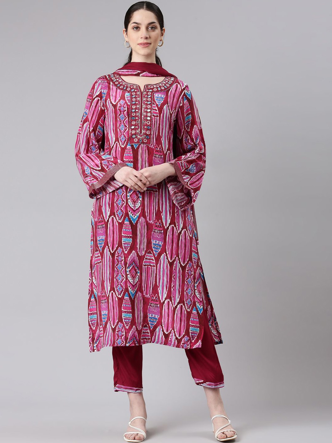 

Neerus Printed Sequinned Silk Crepe Straight Kurta with Trousers & With Dupatta, Magenta