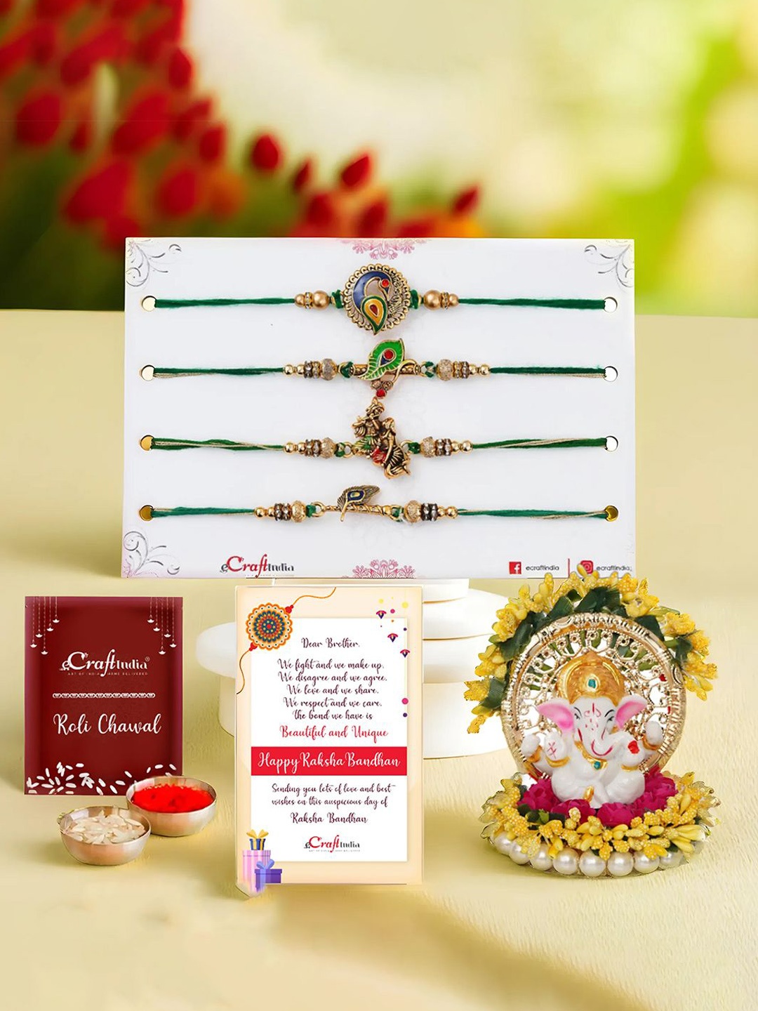

eCraftIndia Set Of 4 Rakhi Idol Greeting Card & Roli Chawal, Gold
