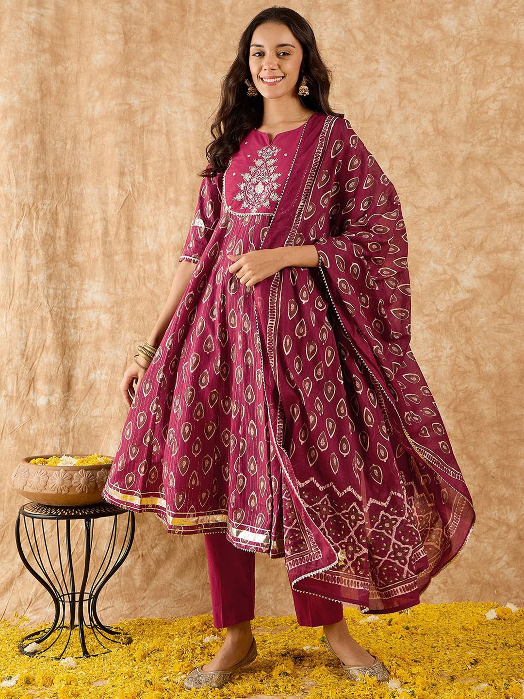 

Indo Era Ethnic Motifs Printed A-Line Gotta Patti Kurta with Trousers & Dupatta, Maroon
