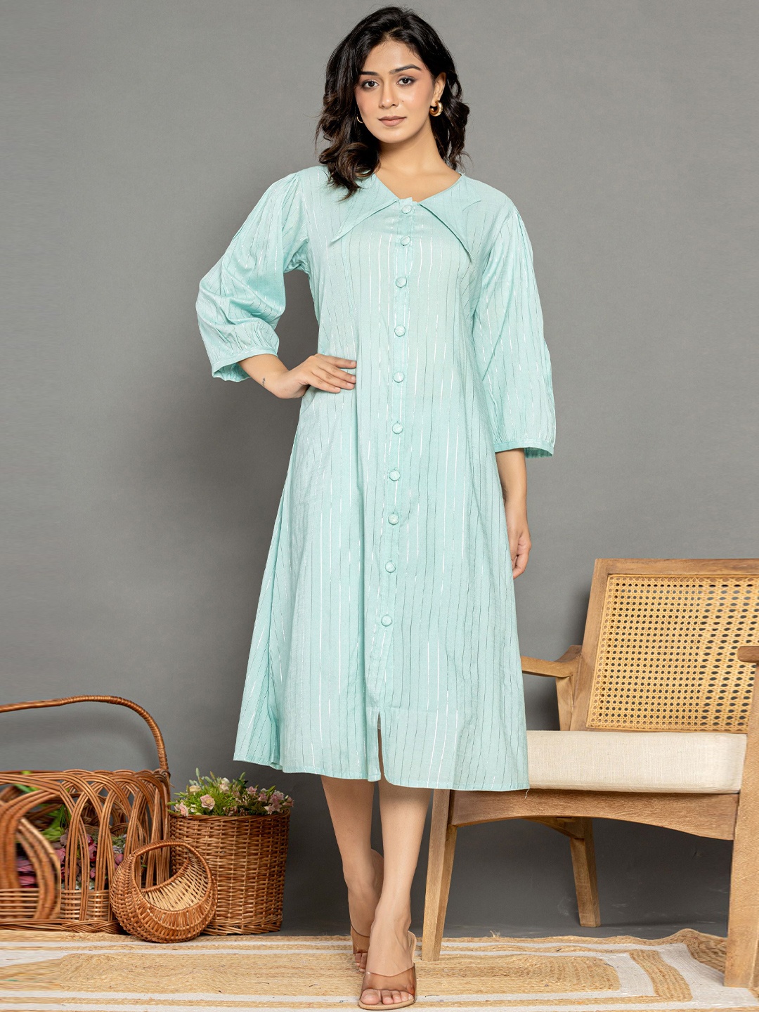 

Rouhab Puff Sleeve Striped A-Line Midi Dress, Blue