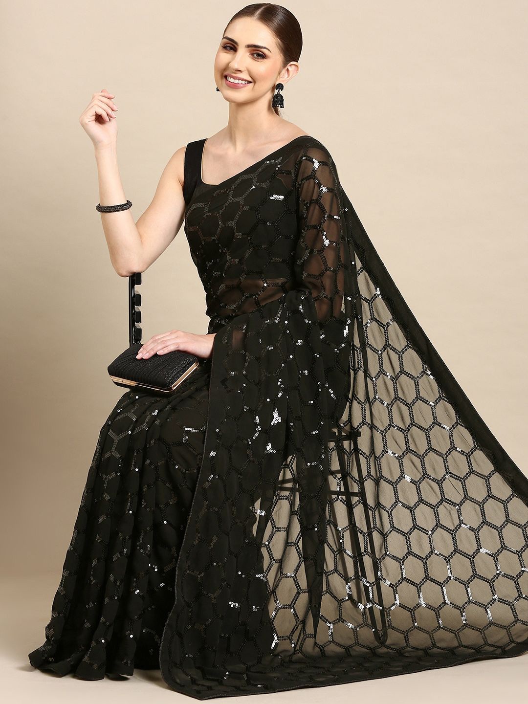 

KIMISHA Embellished Sequinned Partywear Saree With Blouse Piece, Black