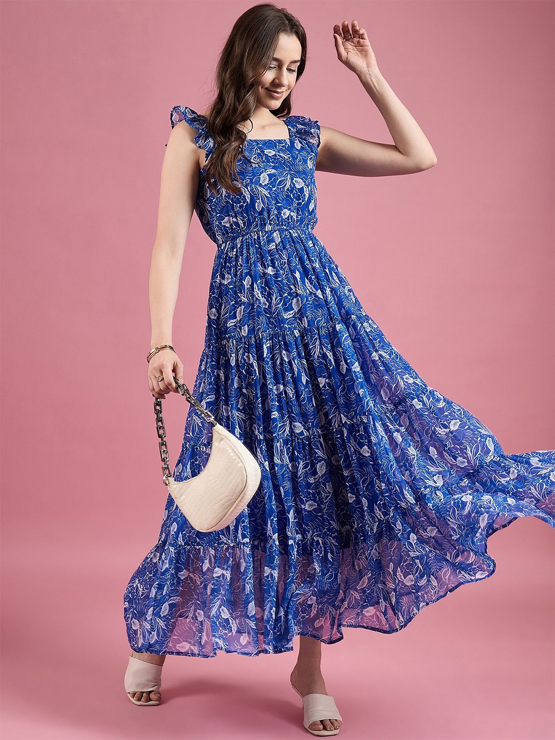 

Deewa Floral Print Georgette Fit & Flare Maxi Dress, Blue