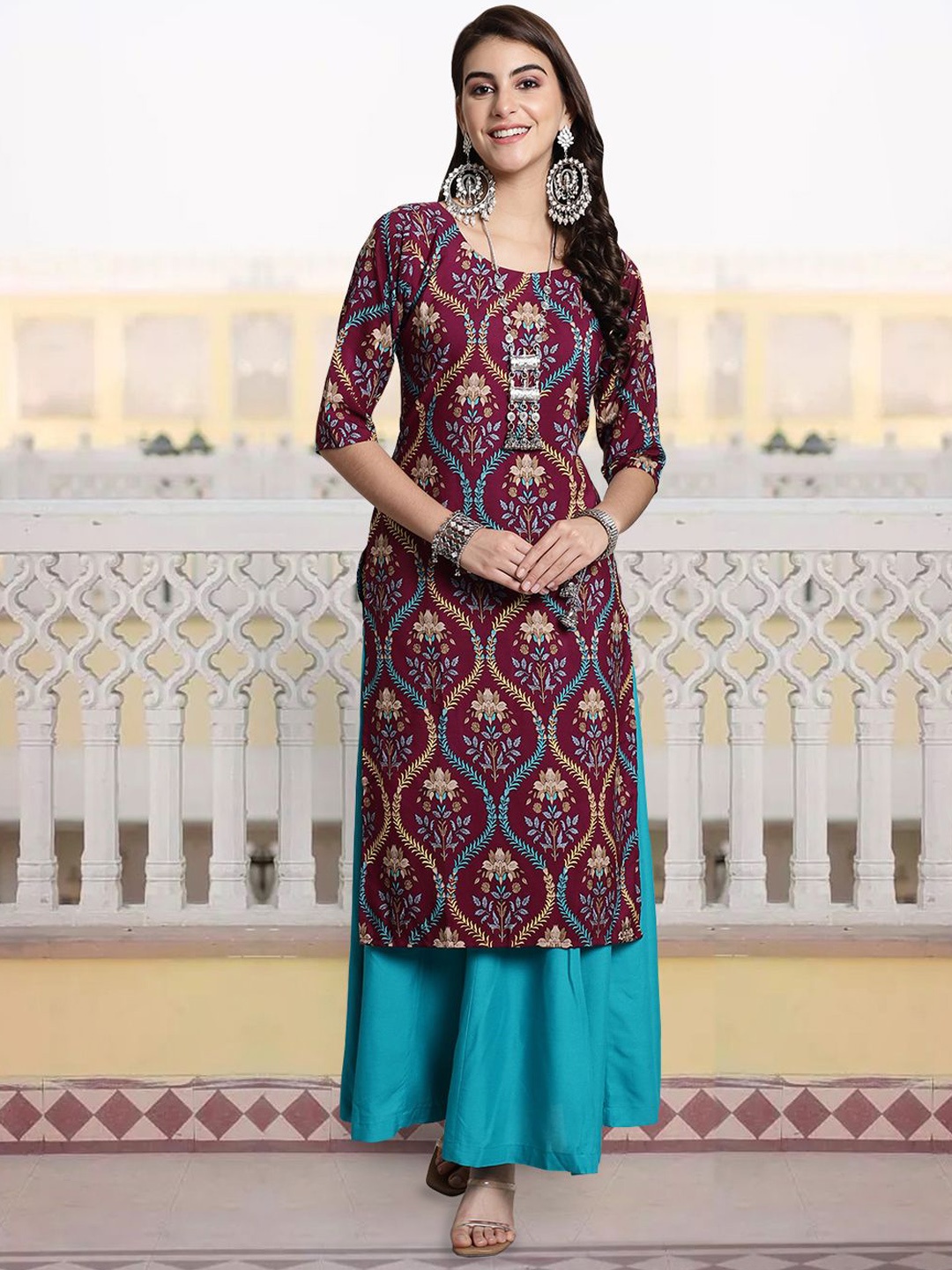 

7Threads Floral Printed Round Neck Straight Kurta, Burgundy