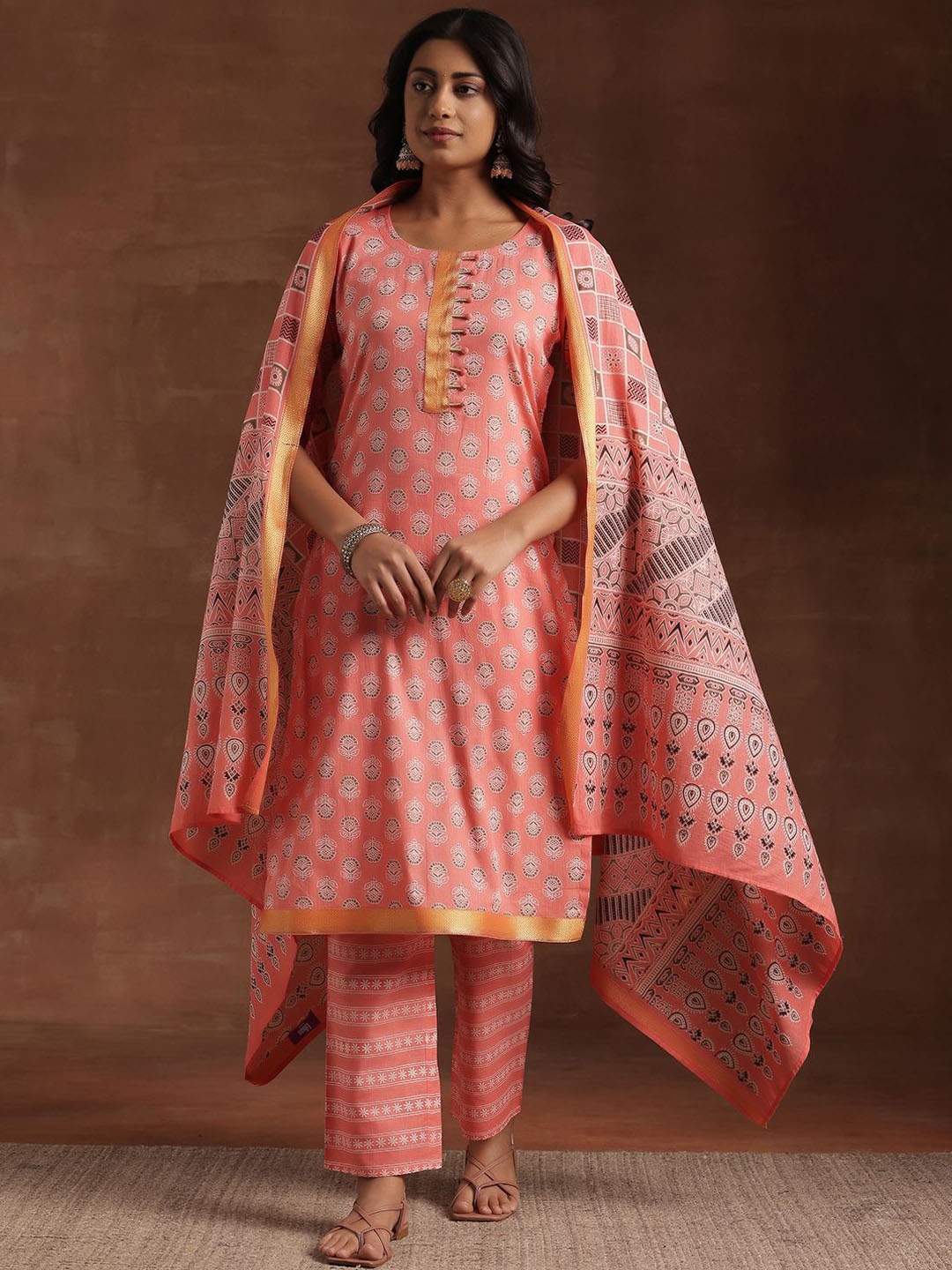 

Libas Floral Printed Pure Cotton Straight Kurta with Palazzo & Dupatta, Peach