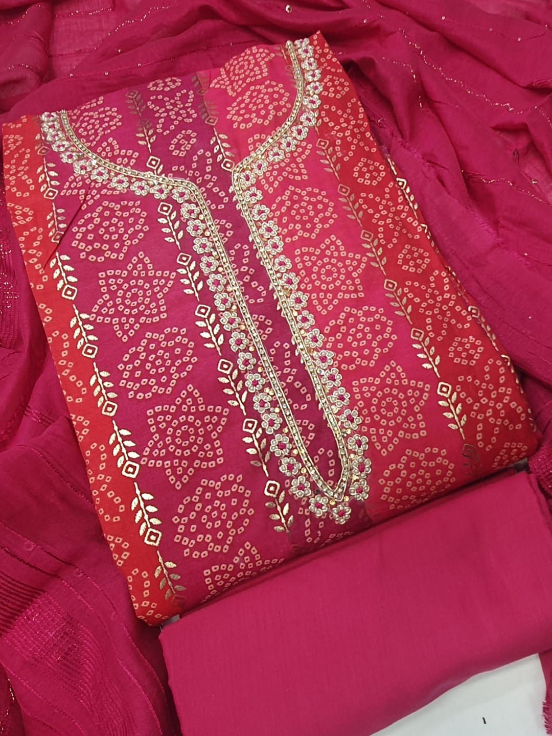 

Label Khoj Bandhani Woven Design Beads and Stones Unstitched Dress Material, Magenta