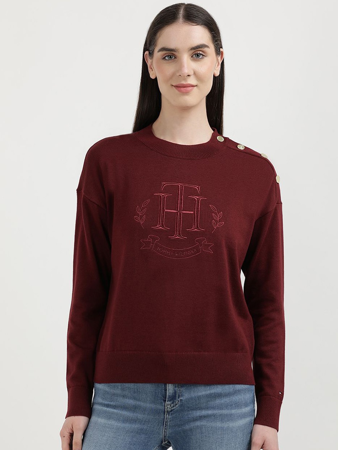 

Tommy Hilfiger Women Embroidered Typography Printed Round Neck Sweatshirt, Maroon