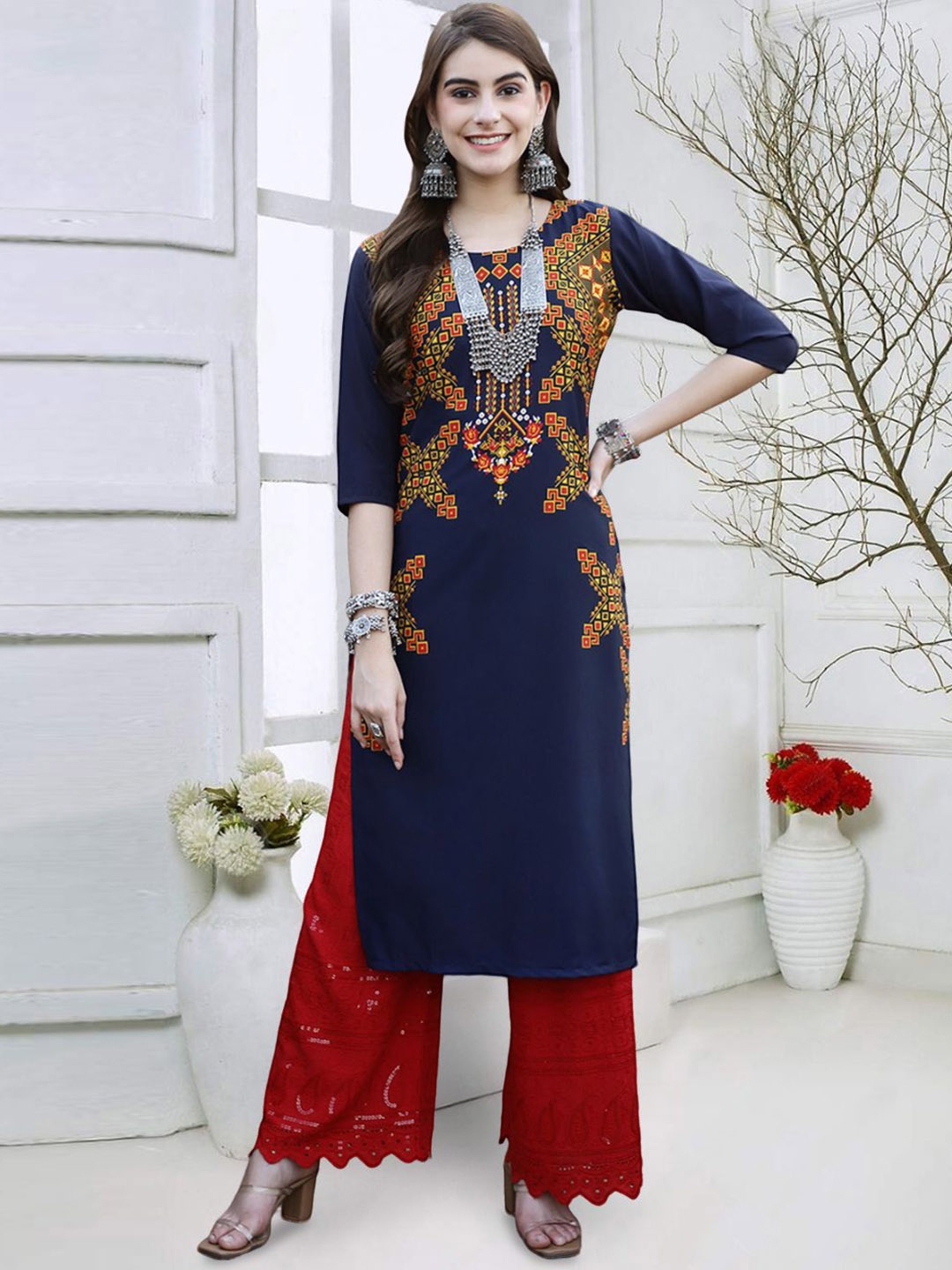 

7Threads Geometric Printed Round Neck Straight Kurta, Navy blue