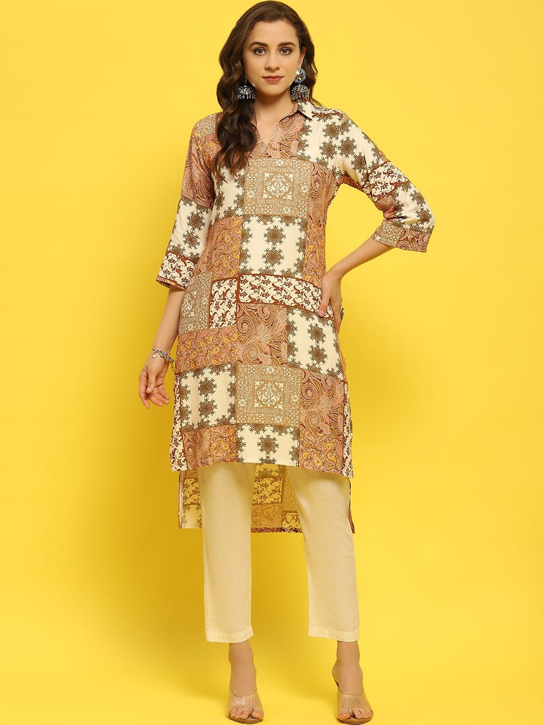 

Shree Ethnic Motifs Printed Shirt Collar Straight Kurta, Beige