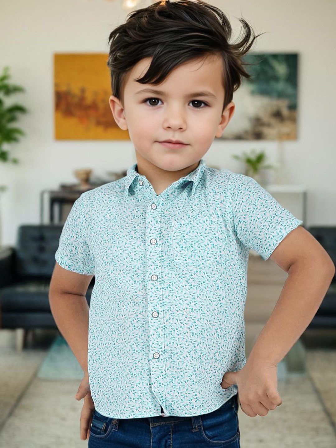 

INCLUD Boys Spread Collar Floral Printed Casual Shirt, Green