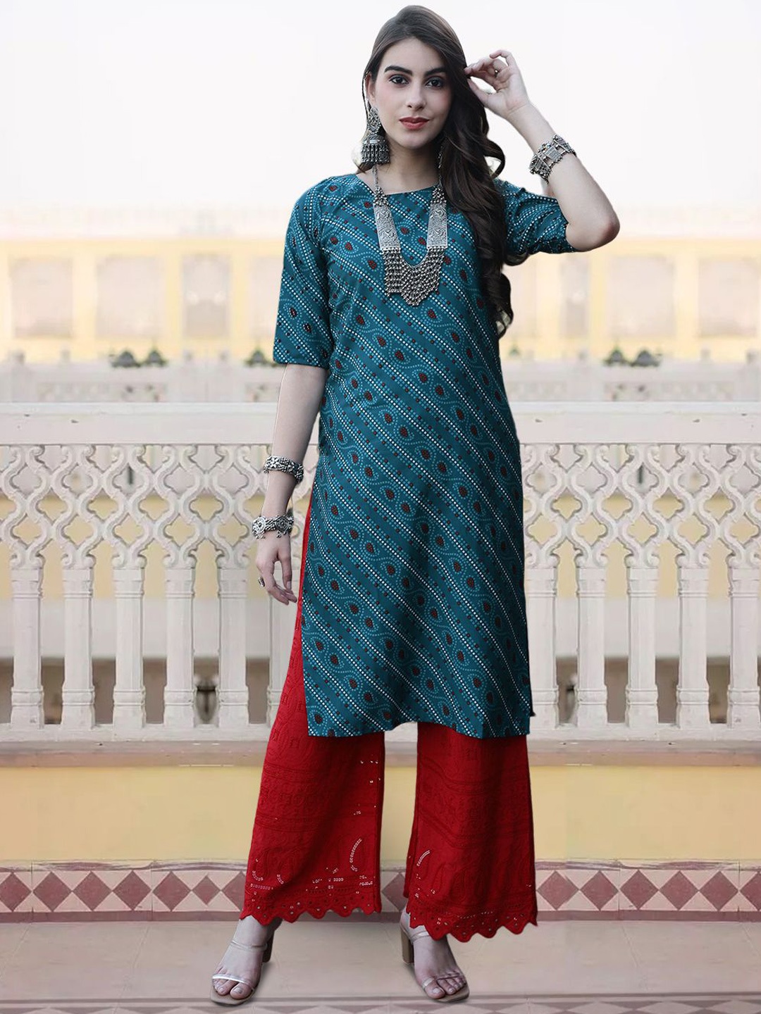 

7Threads Bandhani Printed Round Neck Straight Kurta, Teal