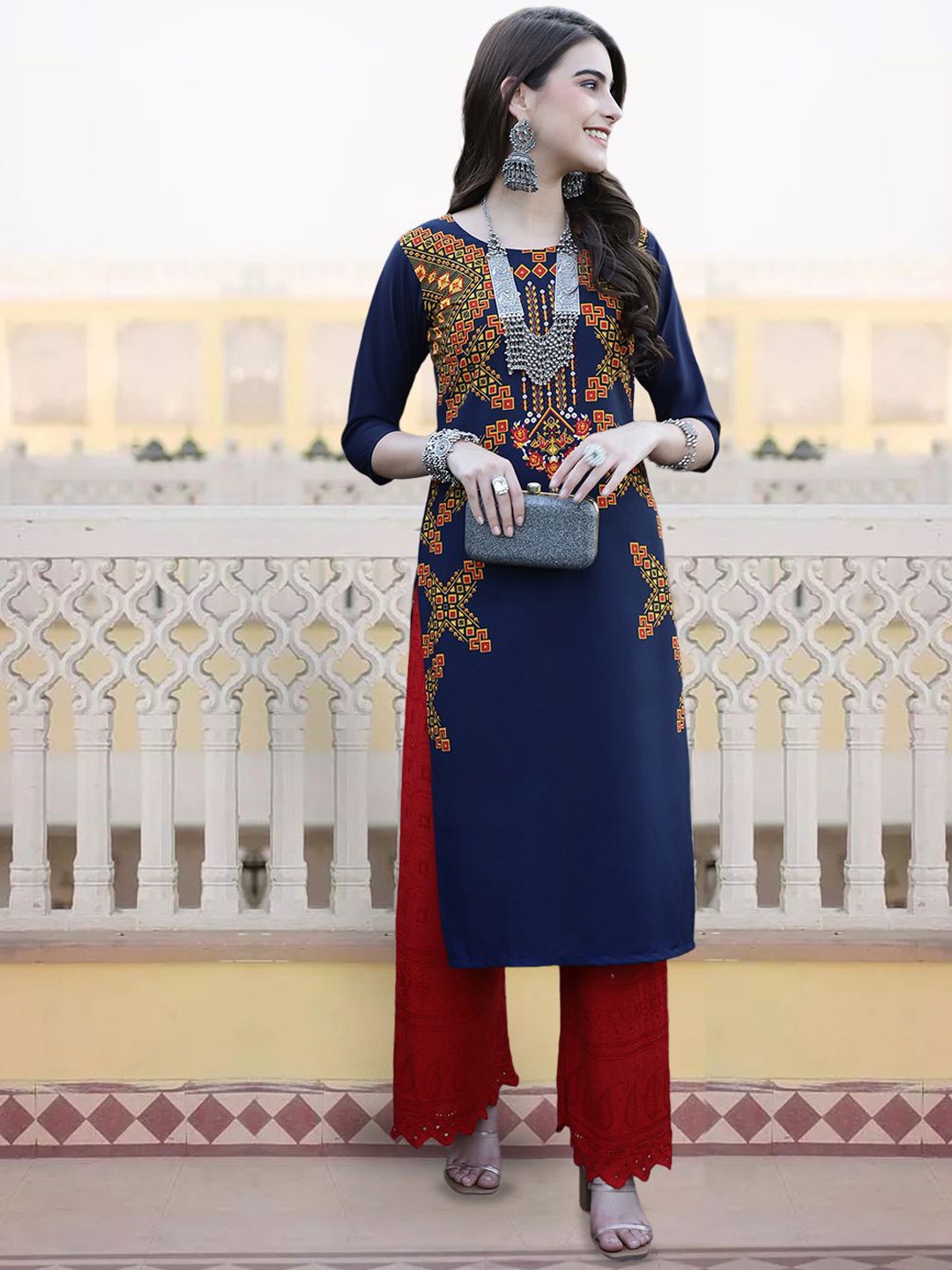 

7Threads Ethnic Motifs Printed Round Neck Crepe Straight Kurta, Navy blue