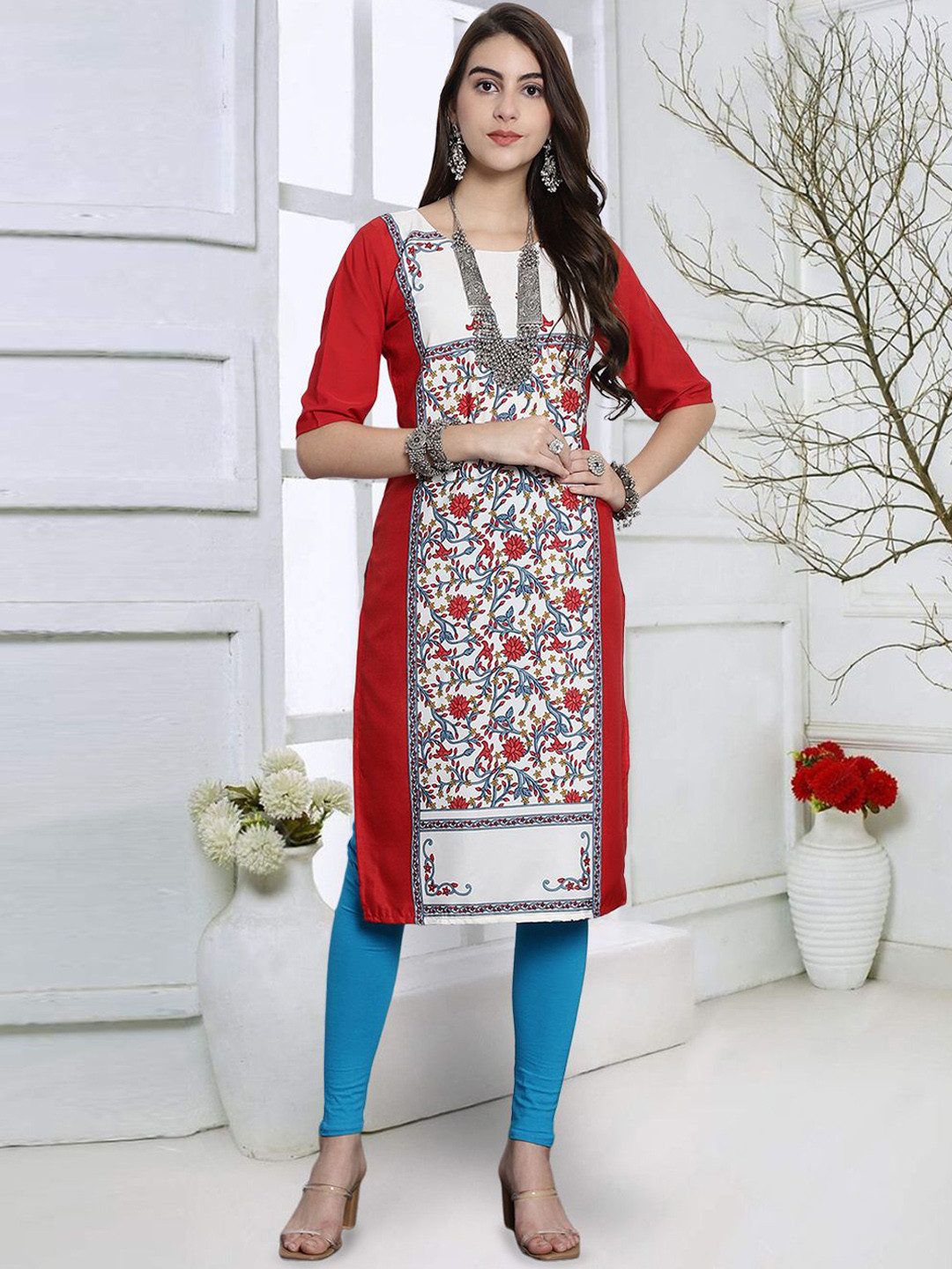 

7Threads Floral Printed Round Neck Straight Kurta, Red