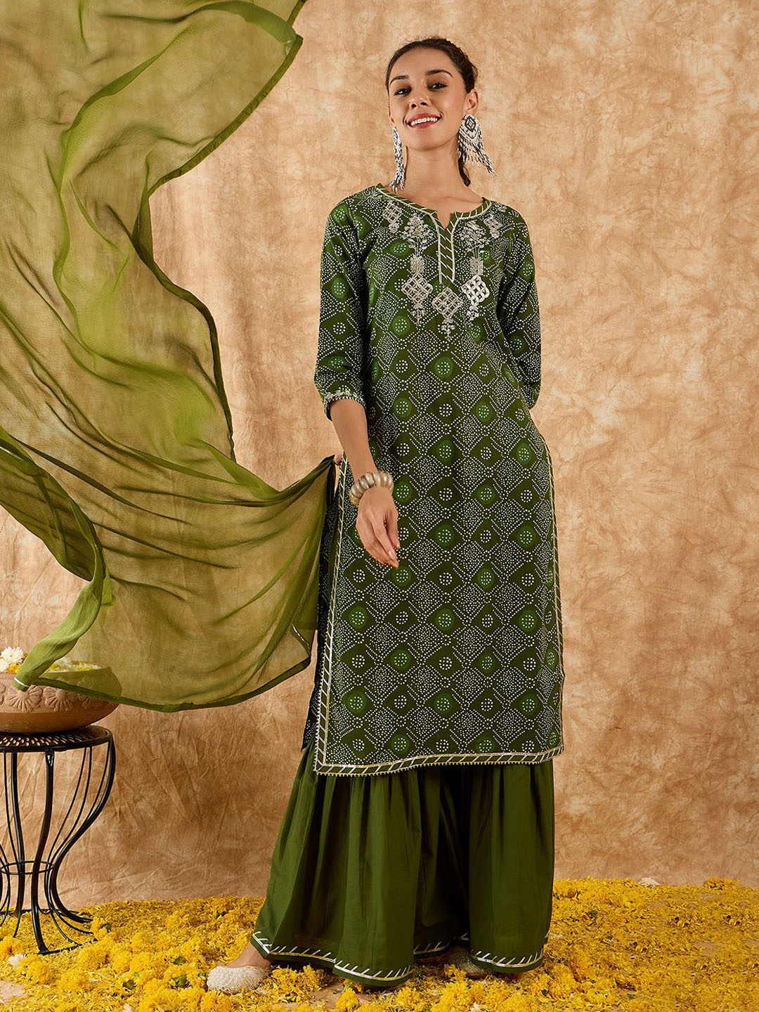 

Indo Era Ethnic Motifs Printed Straight Gotta Patti Kurta with Sharara & Dupatta, Green