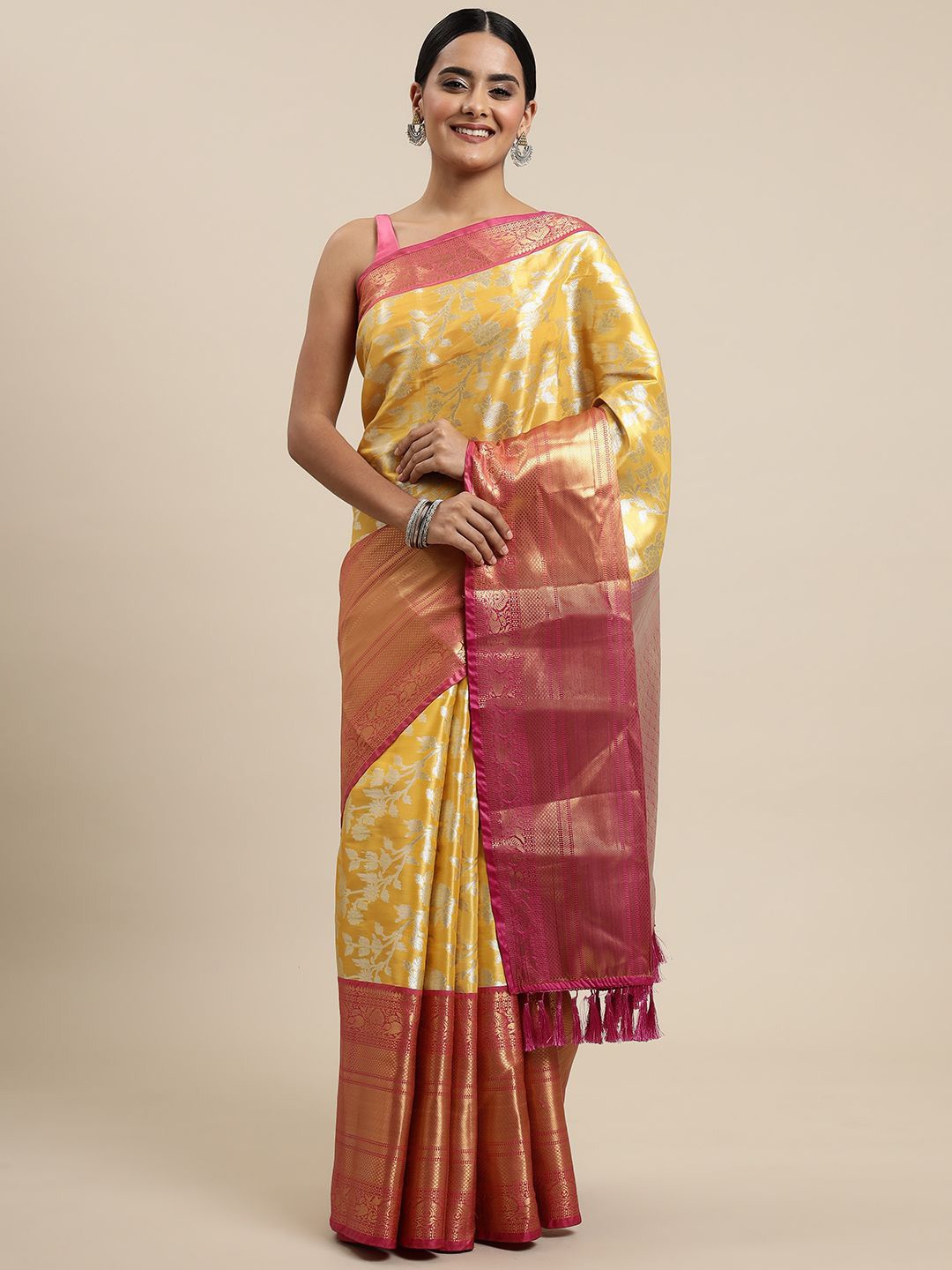 

KIMISHA Woven Design Organza Kanjeevaram Saree with Zari border, Yellow