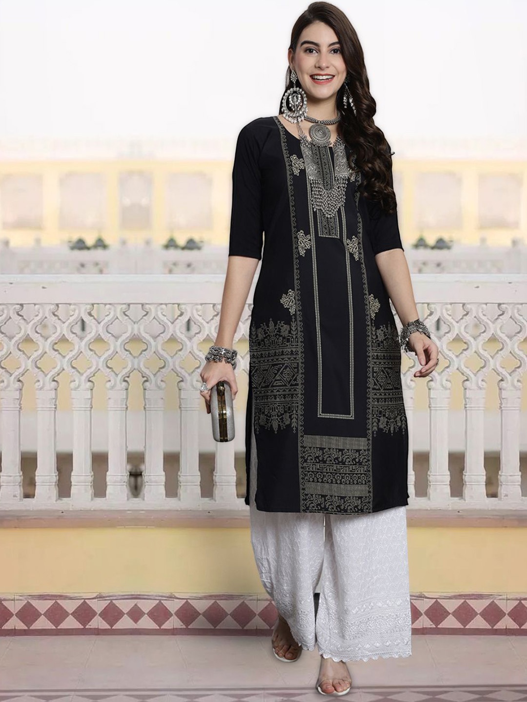 

7Threads Ethnic Motifs Printed Round Neck Straight Kurta, Black