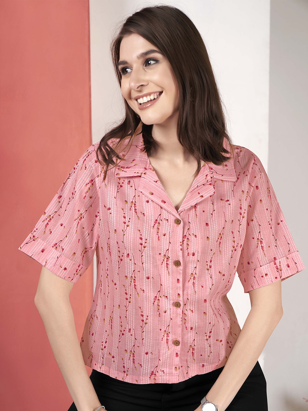 

Anouk Rustic Women Floral Printed Cuban Collar Cotton Top, Pink