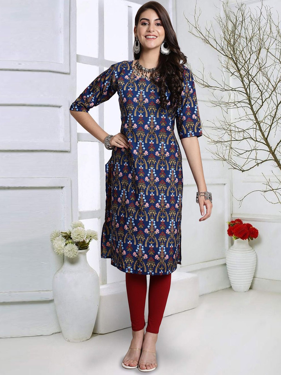 

7Threads Floral Printed Round Neck Three-Quarter Sleeves Straight Kurta, Blue