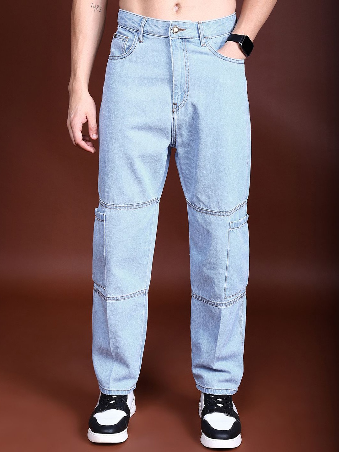 

HIGHLANDER Men Relaxed Fit Mid-Rise Cotton Cargo Jeans, Blue