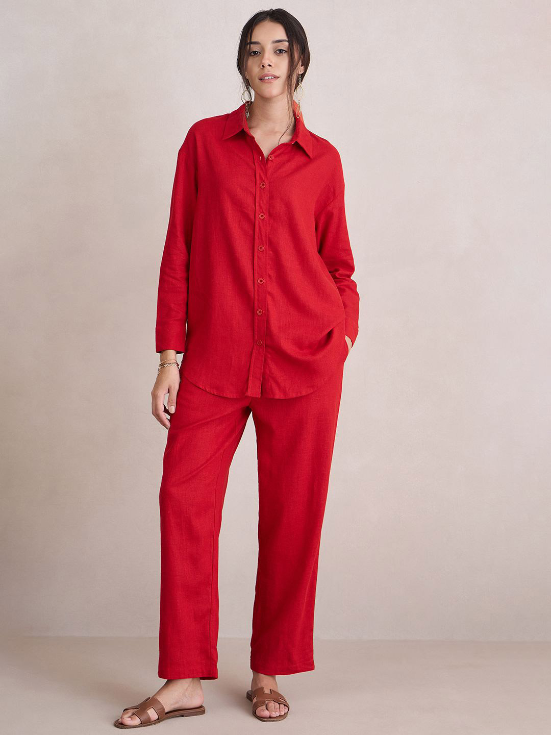 

FEMMELLA Women Comfort Spread Collar Solid Linen Blend Casual Shirt, Red