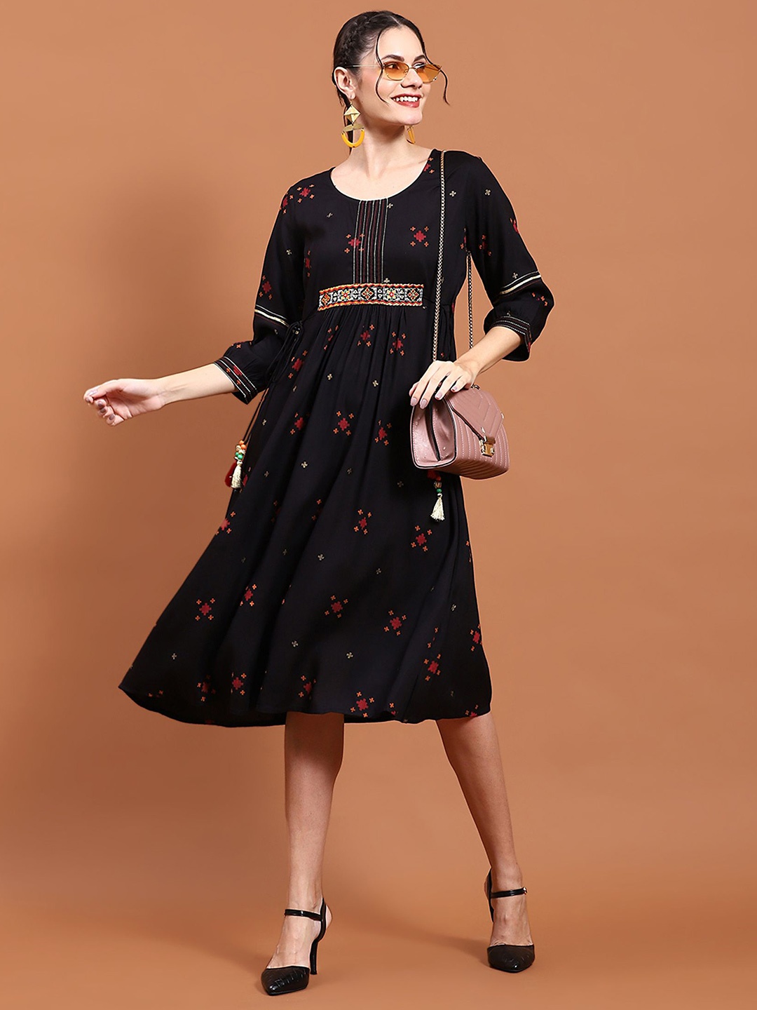 

Shree Printed Fit & Flare Midi Dress, Black