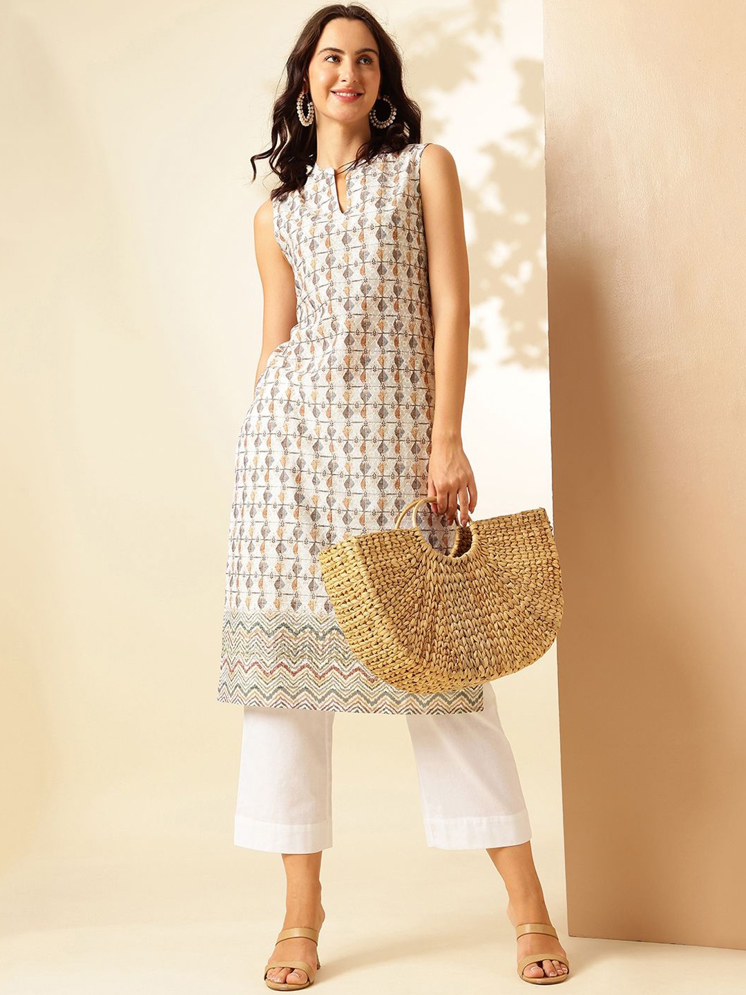 

Anouk Rustic Geometric Printed Mandarin Collar Pure Cotton Straight Kurta, Off white