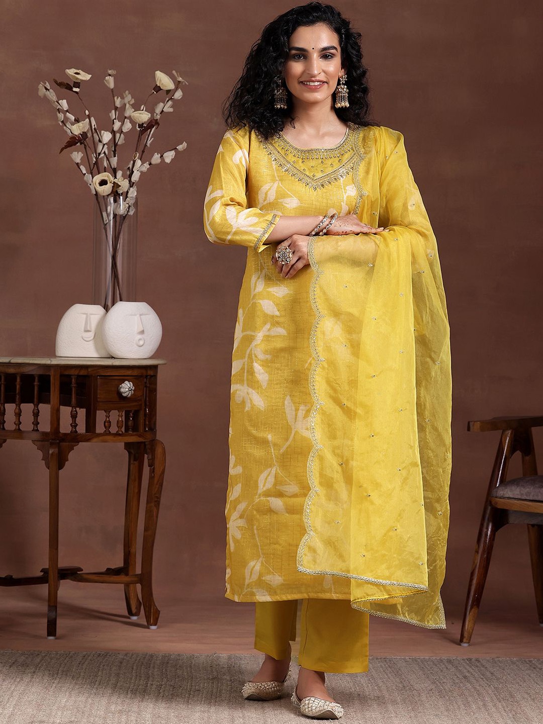 

Libas Floral Printed Sequinned Organza Straight Kurta With Trousers & Dupatta, Yellow