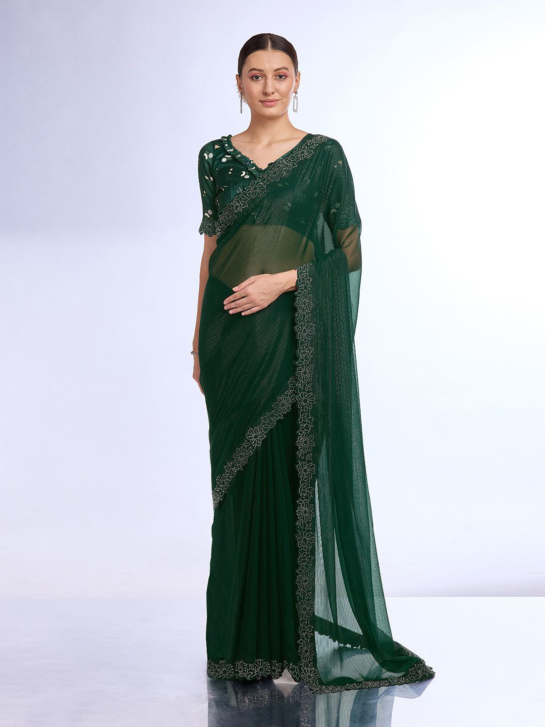 

Ishin Striped Beads and Stones Saree, Green
