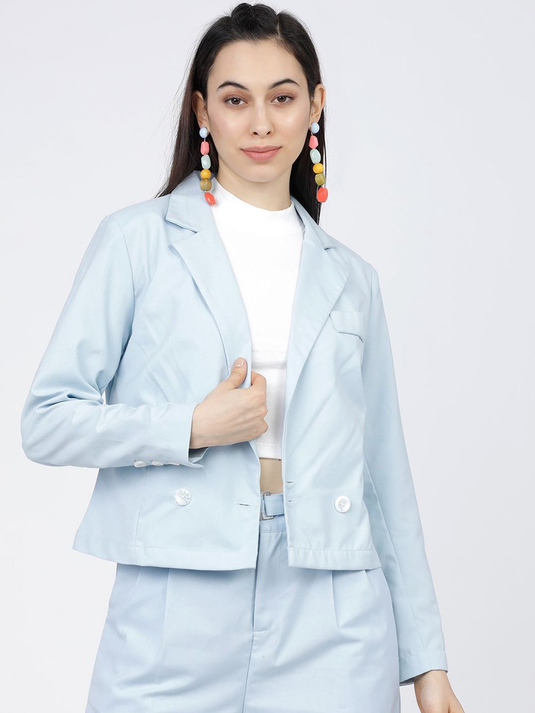 

Tokyo Talkies Women Double-Breasted Tailored-Fit Crop Blazer, Blue