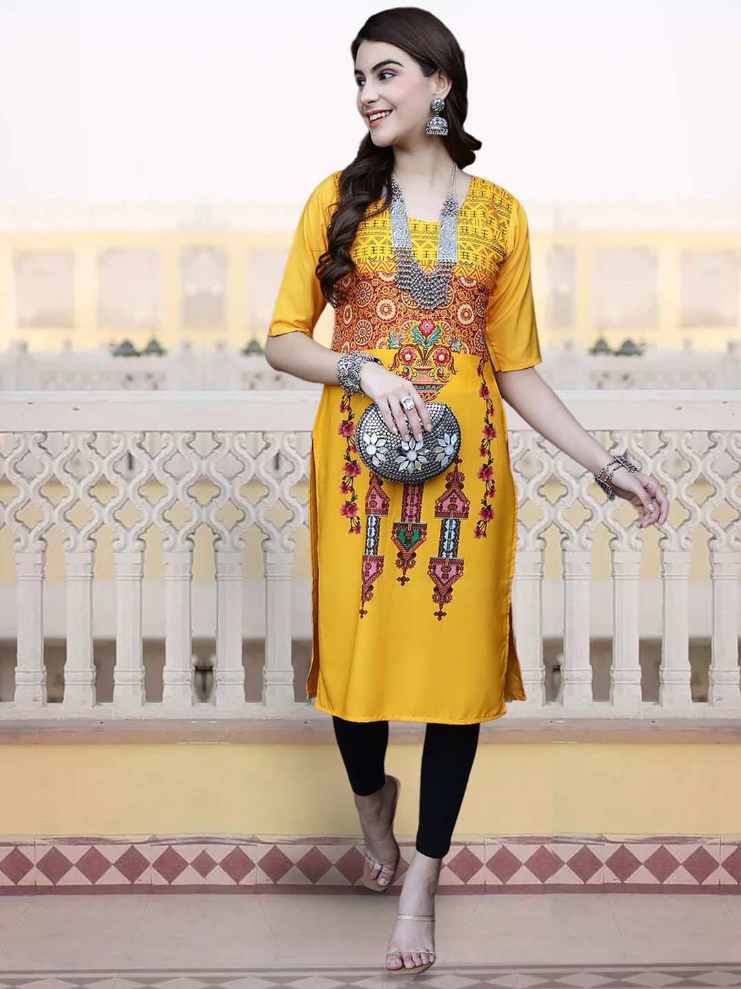 

7Threads Floral Printed Round Neck Straight Kurta, Yellow