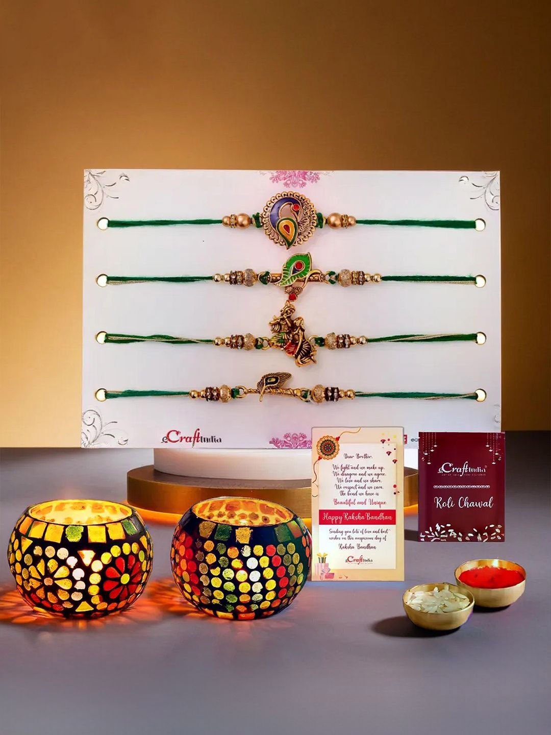 

eCraftIndia Set Of 6 Rakhi Glass Tea Light Holders Greeting Card & Roli Chawal, Gold