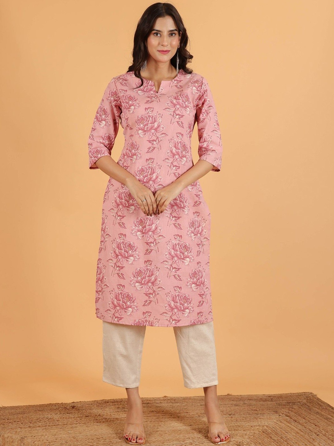 

Aramya Linen Cotton Floral Straight Kurta, Pink