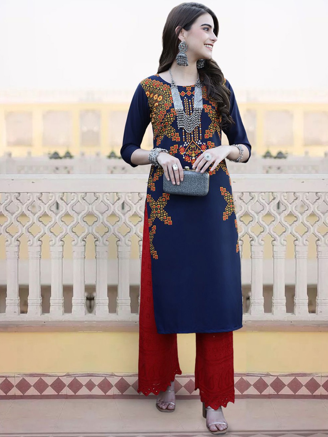 

7Threads Geometric Digital Printed Round Neck Straight Kurta, Navy blue