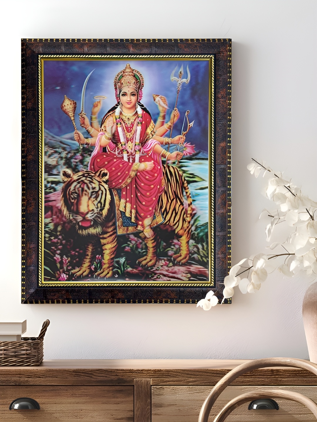 

Art Street Red & Blue Sherawali Maa Durga Printed Wooden 5D Religious Wall Art