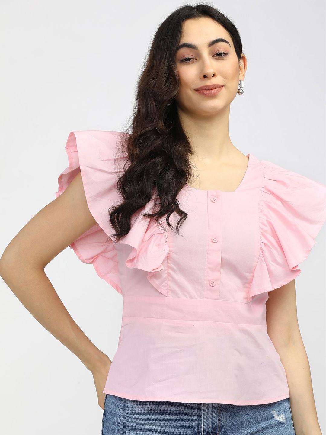 

Tokyo Talkies Women Solid Square Neck Pure Cotton Top, Pink