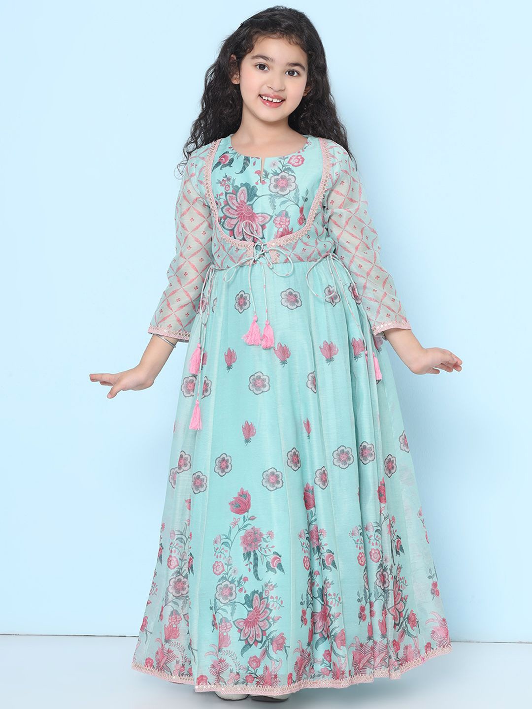 

Bitiya by Bhama Girls Floral Printed Fit & Flare Maxi Ethnic Dresses, Sea green